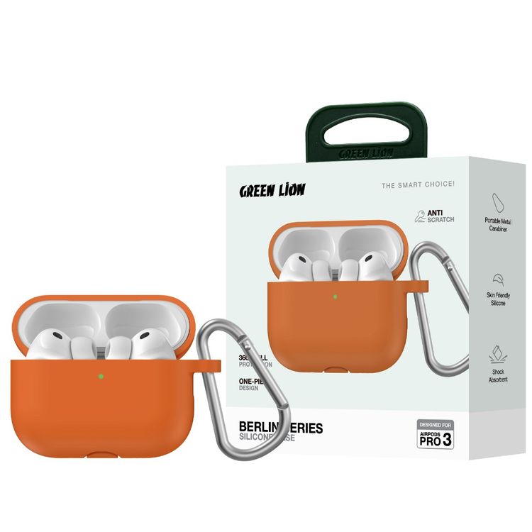 جراب سيليكون لسماعات AirPods Pro 3 من سلسلة Green Lion Berlin مع خطاف معدني قابل للحمل، حماية كاملة 360°، ملائم بدون فجوات، ملمس مريح للبشرة، تصميم قطعة واحدة، مقاوم للخدوش، مضاد للصدمات - لون برتقالي.