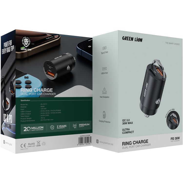 Green Lion Dual Port Car Charger, Metallic Pull Ring, USB-A & USB-C Ports, Heat Dissipation, Charging Protection, Compact Design, 15W Total Output - Black