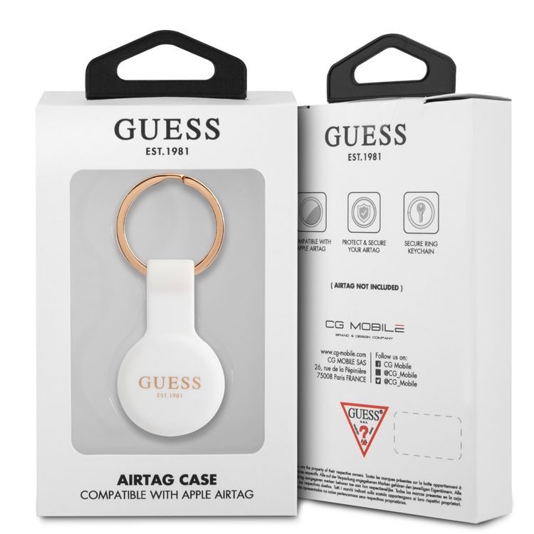 CG MOBILE Guess Silicone Classic Logo Case with Keychain for Airtag, Anti-Lost Holder with Key Ring, Easy to Attach Keys, Backpacks, Liner Bags Officially Licensed White