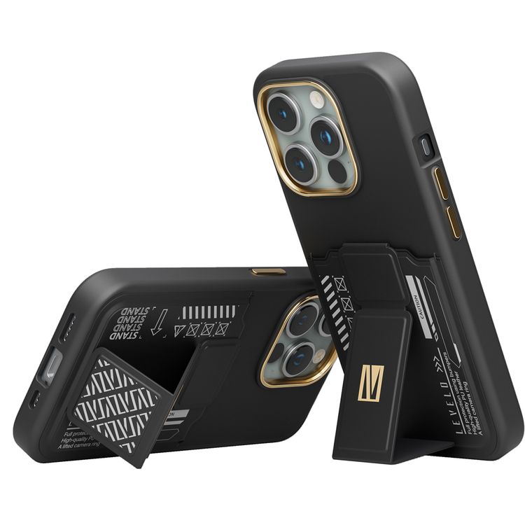 Levelo Morphix Cuero Gripstand Case for iPhone 15 Pro Max with Cardholder, Multi-Positioning Modes, PU Leather Material, Shock-Proof Edges - Black