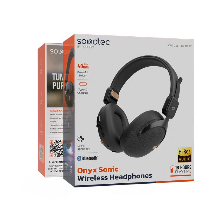 Porodo Soundtec Onyx Sonic Wireless Headphones with Noise Reduction, Bluetooth Version 5.4, Type-C Charging Port, 2 Hours Charging Time, 18 Hours Play Time, 10m Transmission Distance, Game Mode, EQ Mode, TF Card Play Back, Compact & Foldable Design, Multiple Function Key Control - Black