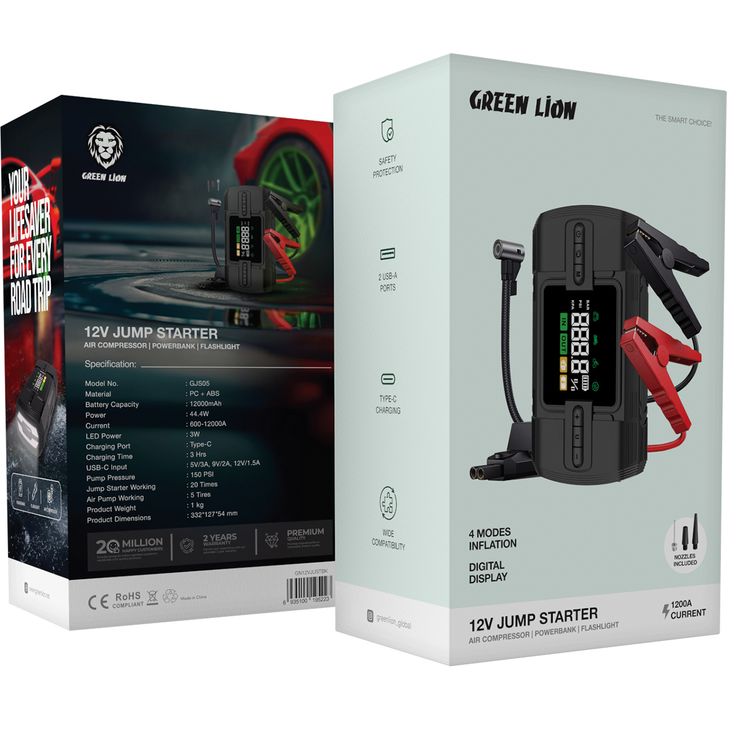 Green Lion 12V Jump Starter with 12000mAh Battery Capacity, 4 Modes Inflation, Safety Protection, Wide Compatibility, Digital Display, 2 USB-A Ports, 44.4W Power  - Black