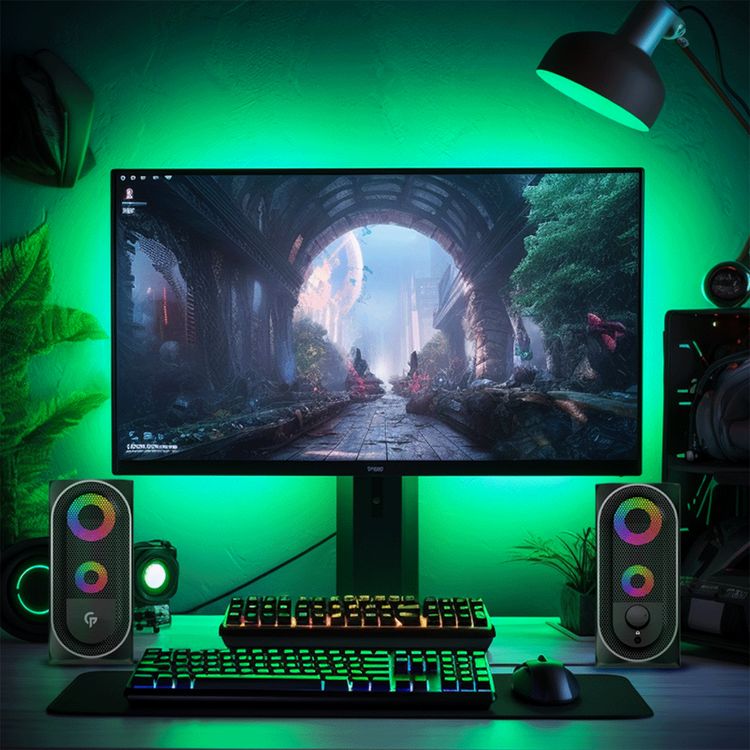 Porodo Gaming Stereo Speakers with RGB Light Effects, USB-A & 3.5mm Plugs, Volume Control Knob, 10W RMS Output, 1.2m Cable Length, Lightning Touch Sensor - Black