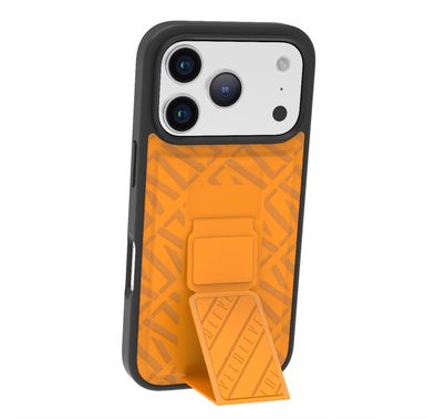 Levelo Morphix Cuero GripStand Case for iPhone 17 Pro, Raised Bezels for Camera & Screen, Shock-Resistant Bumper, Secure Hold, Horizontal & Vertical Viewing - Sunrise Orange