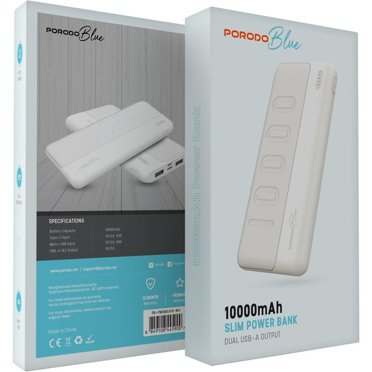 Porodo Blue 10000mAh Slim Power Bank with Dual USB-A Output, Lightweight & Compact Design, Type-C Input, LED Indicator - White