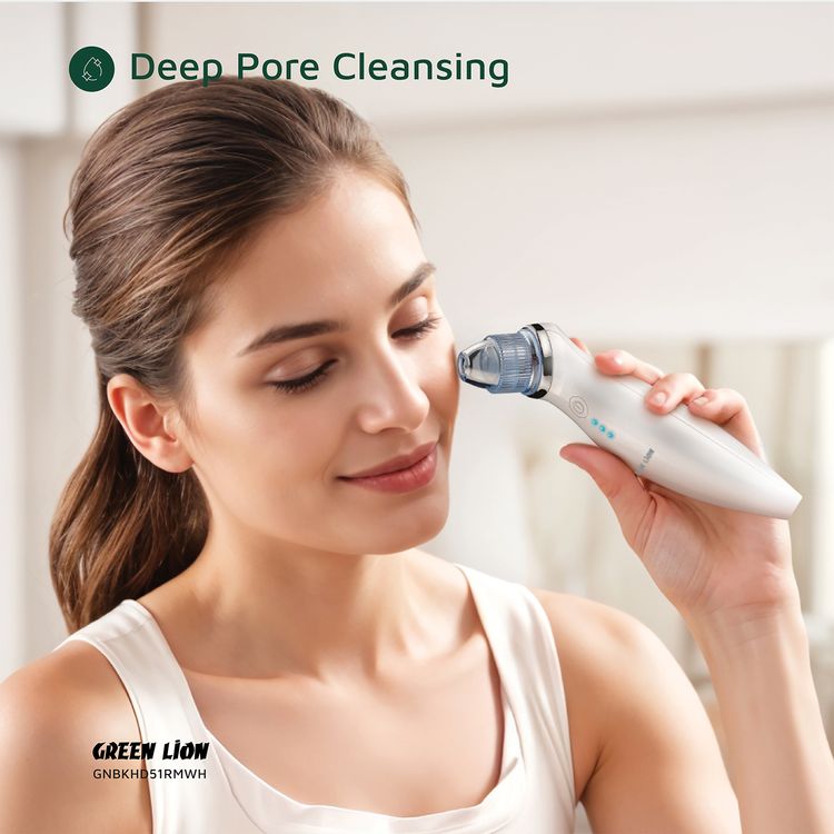 Green Lion BlackHead Remover with 5-in-1 Skin Care Solution, 2.2W Power, 3 Suction Levels, 5 Interchangeable Heads, 1.5 Hours Usage Time, Oil & Acne Control, Massage Function, LED Indicator, Deep Pore Cleansing - White