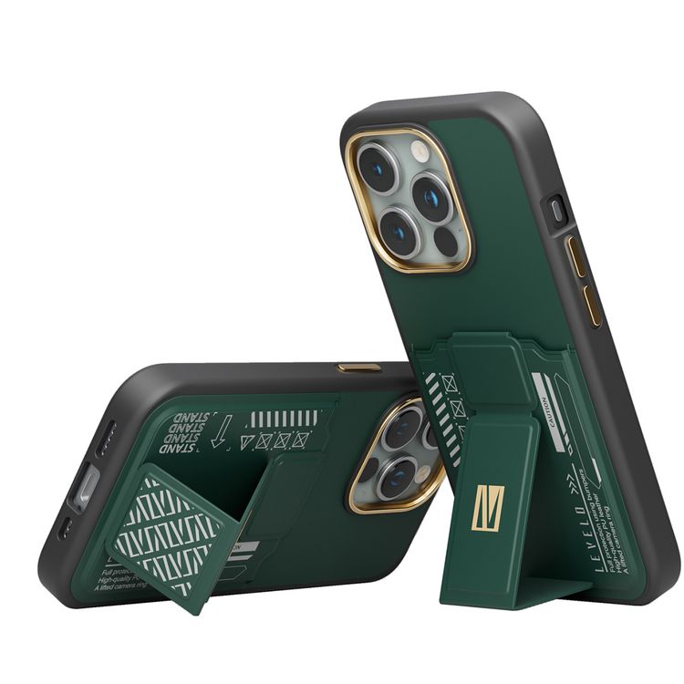 Levelo Morphix Cuero Gripstand Case for iPhone 15 Pro with Cardholder, Multi-Positioning Modes, PU Leather Material, Shock-Proof Edges - Green