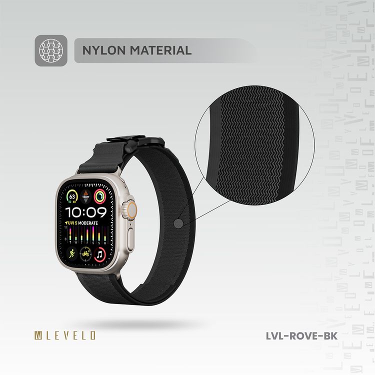 Levelo Rove Nylon Watch Strap with Magnetic Buckle, Compatible with 49/46mm Smartwatches & Apple Watch SE, Series 9, 8, 7, 6, 5, Abrasion Resistance, Hypoallergenic Material, Easy Snap-On & Quick Release Mechanism, Water-Resistant, Sweat-Resistant, 24/7 Wearability - Black