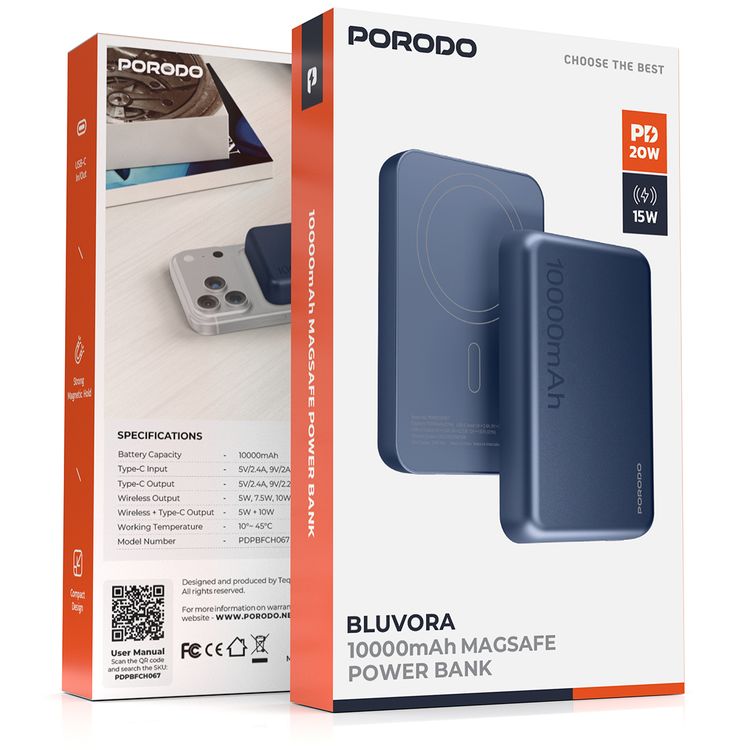 Porodo 10000mAh MagSafe Power Bank with Fast Charge, Portable & Compact Design, Type-C Input, Type-C & Wireless Outputs, 10° C-45° C Working Temperature, Strong Magnetic Hold, 20W Power Delivery - Blue