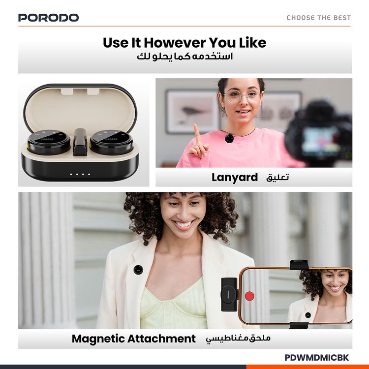 Porodo Lavalier Wireless Dual Microphone with Charging Case, Up to 24 Hours Working Time, ≤20ms Microphones Latency, 2.4GHz Digital Microphone Frequency, 600mAh Case Battery Capacity, Type-C Connector with Lightning Adapter, Plug & Play, Magnetic Clips, Low Latency, Crystal Clear Audio - Black
