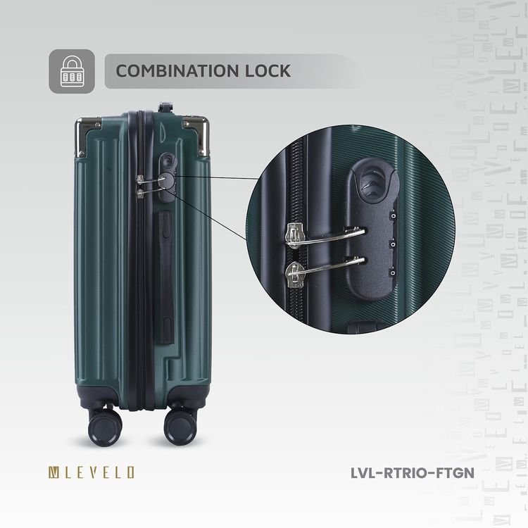 Levelo 3-Set ABS Luggage with Built-in Weighing Scale, Combination Lock, Iron Trolley, Double Wheels, Impact-Resistant Corners & Shock-Resistant, PP & Soft Rubber Handle - Forest Green