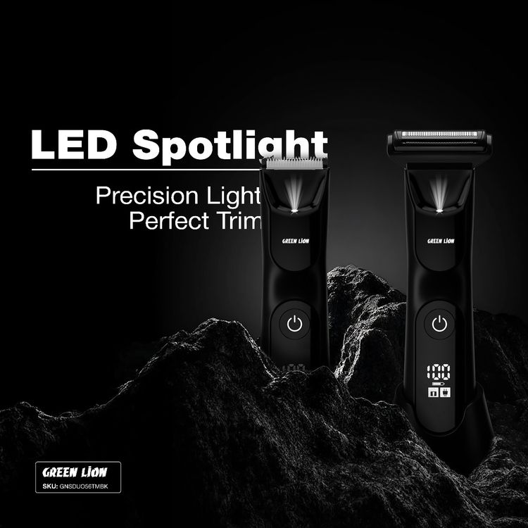 Green Lion Sensitive Duo Hair Trimmer & Shaver, 1.5 Hours Working Time, Ceramic & Stainless Steel Blades, 5W Power, Charging Base Included, LED Spotlight, Skin-Safe Blades, Travel Lock Function, USB-C Charging Port - Black