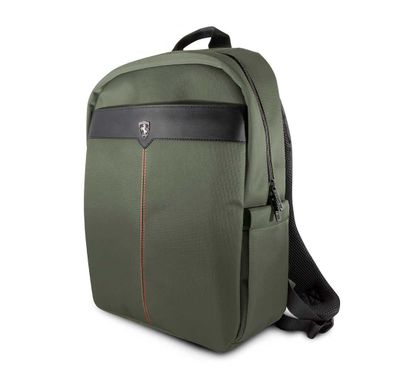 Ferrari Nylon 15" Backpack with Metal Logo Off Track, Charging Port, Adjustable Shoulder Strap, Multiple Pockets, Water Resistant - Kaki