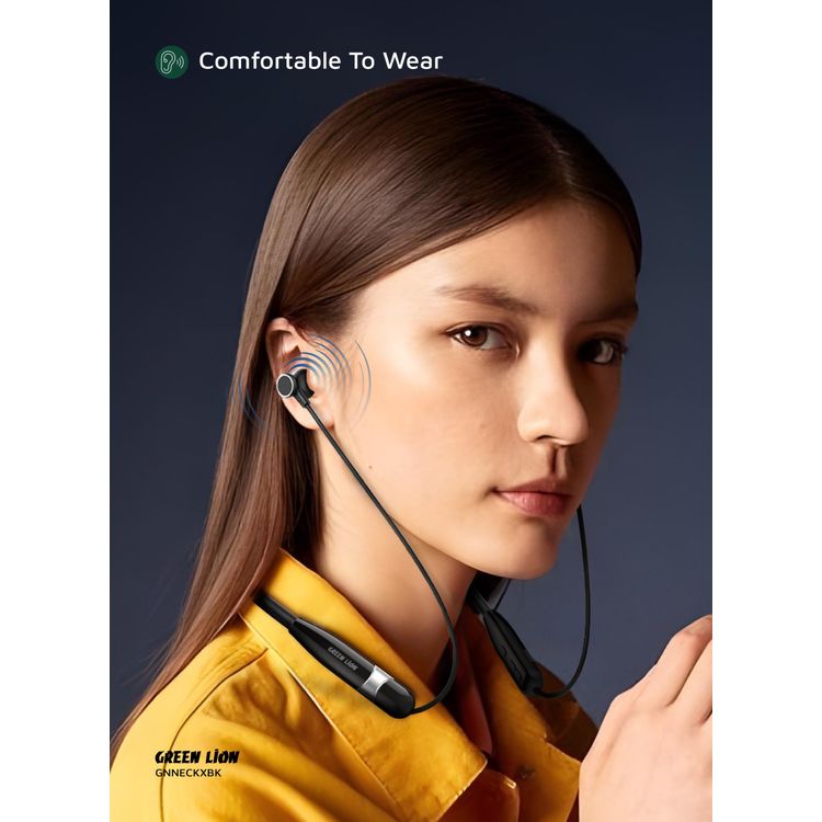 Green Lion Neck X Wireless Neckband with Magnetic Control, Comfortable to Wear, IPX3 Water Resistance Level, Type-C Charging Port - Black