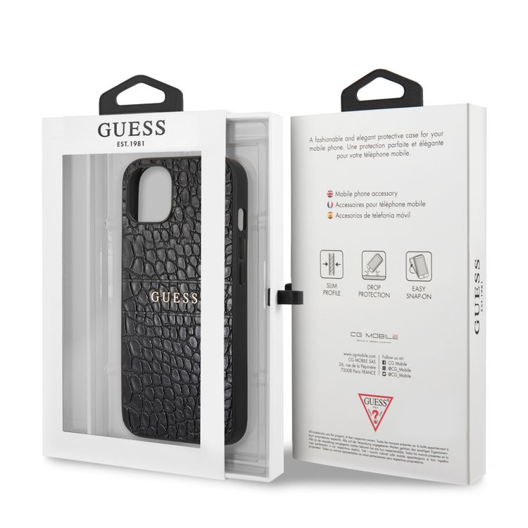 CG MOBILE Guess PU Leather Croco Case Hot Stamped Lines & Metal Logo Compatible for iPhone 13 Mini (5.4") Anti-Scratch, Easy Access to All Ports, Shock Absorption