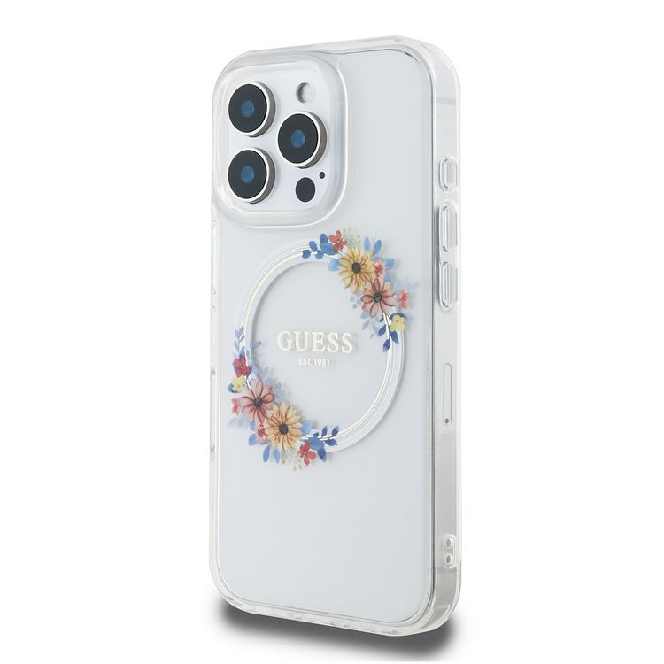 Guess Magsafe IML Hard Case with Flower Wreath Design for iPhone 16 Pro, Lightweight, Comfortable and Secure Grip, High Quality Material - Transparent