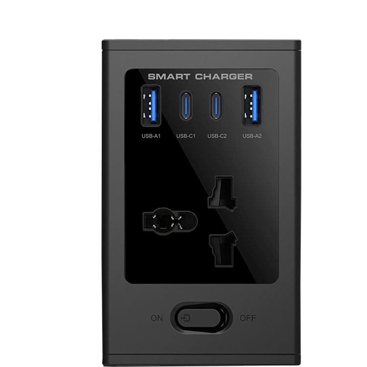 Porodo Universal GaN Multi-Port Cube Adapter with 2500W Rated Power, 100-250V Input Voltage, Four AC Sockets, Dual USB-C, Dual USB-A, Simultaneous Charging - Black