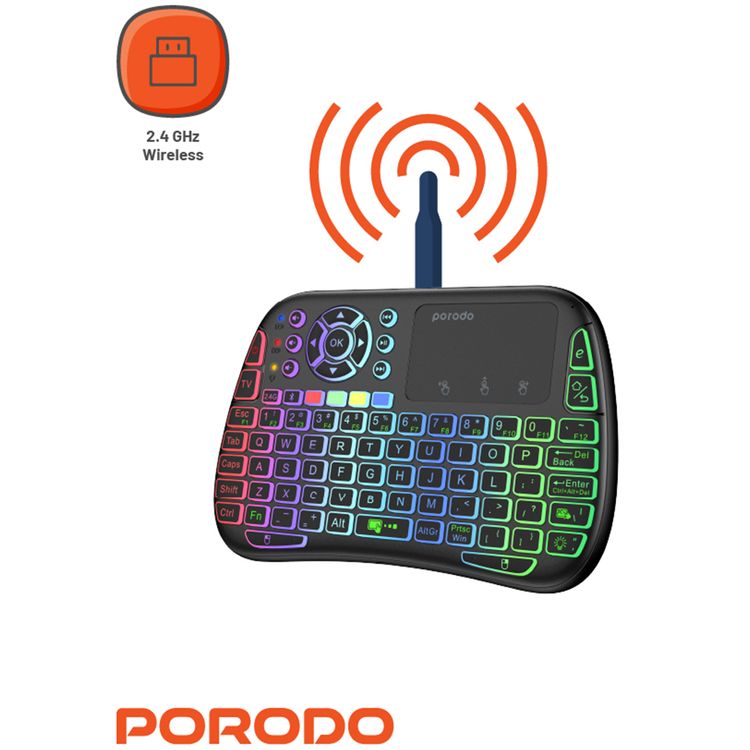 Porodo Gaming Remote Keyboard & Mouse with Programmable Buttons, Gesture Recognition, 10m Operational Range, 84 Keys, 5.2 Bluetooth, 300mAh Battery - Black