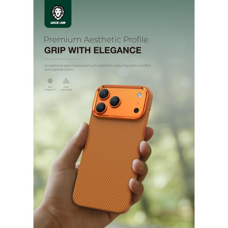 Green Lion Magsafe Kevlar Case for iPhone 17 Pro Max, Comfortable Grip, Aluminum Alloy Guard, Drop Protection, Lightweight Design, Ultra-Slim - Orange