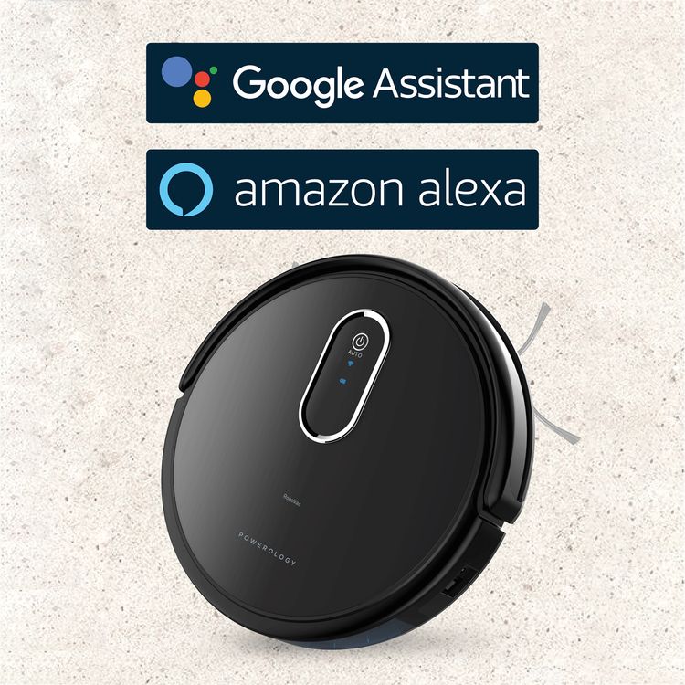 Powerology Smart Robot Vacuum Cleaner with Detection Sensors, 2000Pa Suction Power, 120 Minutes Working Time, Re-Washable HEPA Filter, Google Voice Assistant, 500mL Bin Capacity - Black