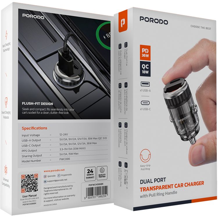 Porodo Dual Port Transparent Car Charger with PD 36W, QC 18W, USB-A & USB-C Ports, Pull Ring Handle, Fast Charging Technology, Smart Charging Protocols, Universal Compatibility - Black