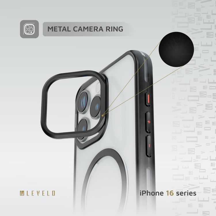 Levelo Elio PC Case with Camera Ring Stand for iPhone 16 Pro, Built-in Kickstand, MagSafe Compatible - Black 