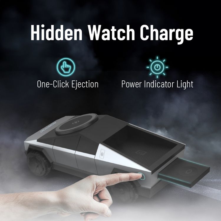 Porodo Cyber Dock 3-in-1 Wireless Charger with 15W Wireless Charging, 5W Earbuds Output, 2.5W Watch Output, 3-6mm Charging Distance, USB-C Charging Interface, 90°Motorized Rotation Stand - Gray