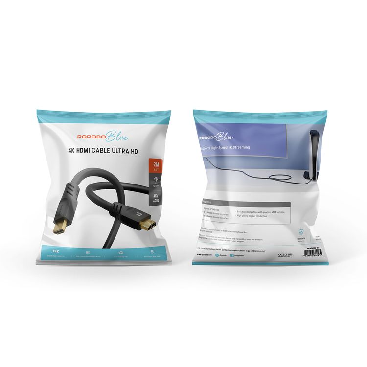 Porodo Blue 4K/60Hz HDMI Cable, Ultra HD, 2m Cable Length, Aluminum Alloy Shell, Eco-Friendly PVC, 24K Gold Plated Connector - Black