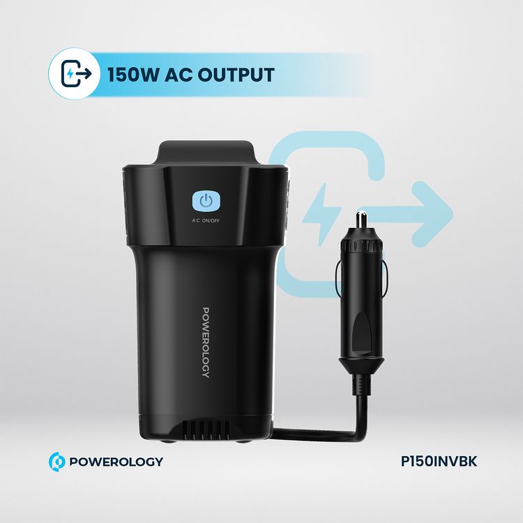 Powerology 150W Cup Holder Power Inverter with 30W Power Delivery, 1× USB-A & 2× USB-C Ports, Seamless Integration, 150W AC Output, Quick Charge Technology, Universal Compatibility - Black