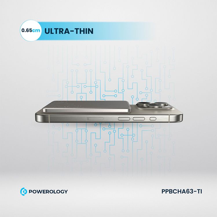 Powerology Ultra-Thin 5000mAh MagSafe Power Bank, Portable & Lightweight, Efficient Heat Dissipation, Aluminum Housing, Built-In Safeguards, Strong Magnet - Titanium