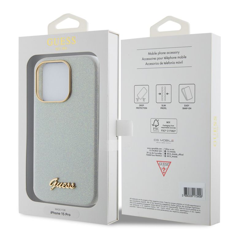 حافظة Guess PU لامعة مع شعار Guess Script - رمادي - iPhone 15 Pro