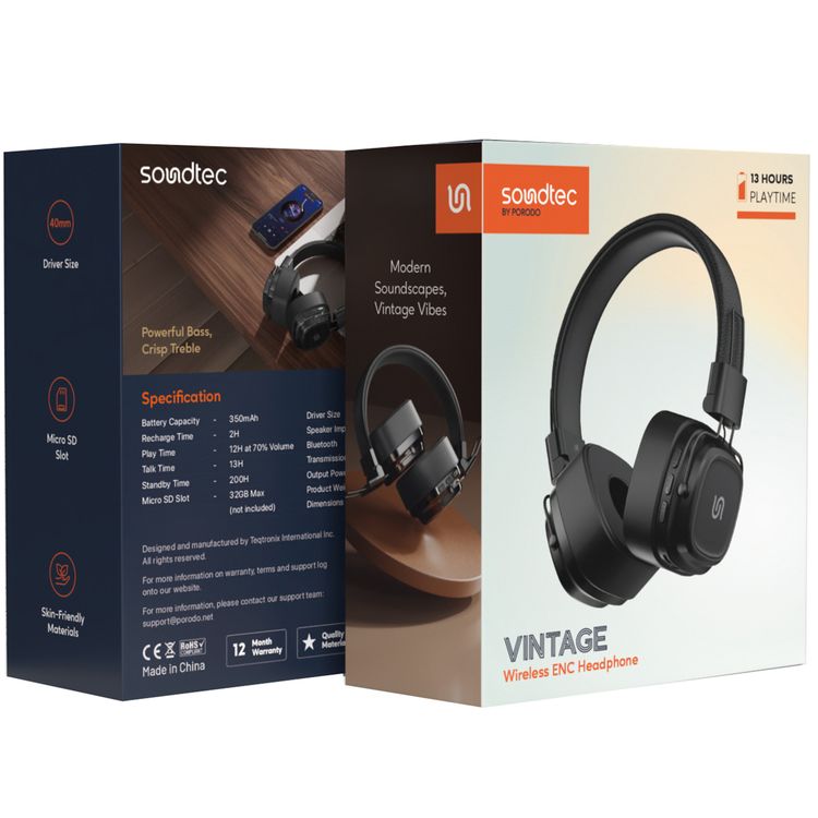 Porodo Soundtec Vintage Wireless ENC Headphones, Up to 12 Hours Battery Life, 10m Transmission Distance, 350mAh Battery Capacity, 2 Hours Recharge Time  - Black