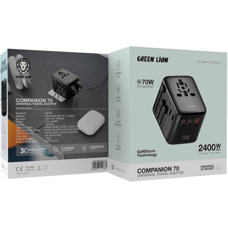 Green Lion Companion 70 Universal Travel Adapter, 1000-2400W Power, PC Flame Retardant Material, Slide-Switch Plugs, 6-Device Charging, 70W Power Delivery - Black