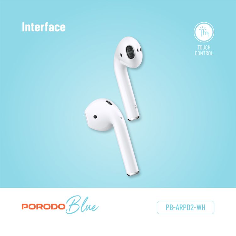 Porodo Blue Deep Bass Wireless Earbuds 2, One-Step Pairing, Comfortable Fit, Independent Earbuds, Touch Control, Deep Bass -  White