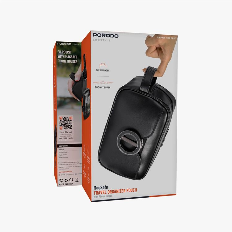 Porodo Lifestyle MagSafe Travel Organizer Pouch with Phone Holder, Two-Way Zipper, Strong Magnets, Compact & Lightweight, Organized Storage Design - Black