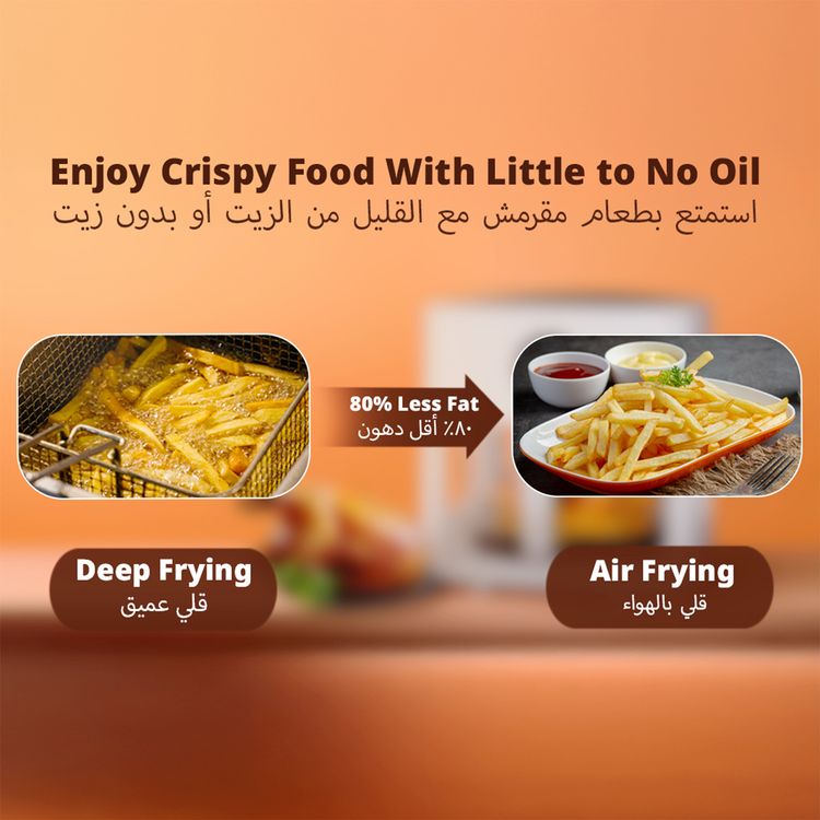 Porodo Lifestyle Glass Pot Air Fryer with 5L Capacity, Up to 60 Minutes Timer, 8 Presets, 360° Panoramic View, 1200W Rated Power, Food-Grade Glass Spot, Touch Panel - White