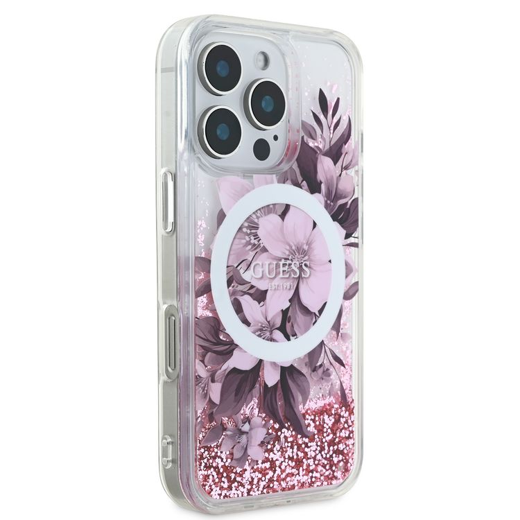 GUESS MagSafe Liquid Glitter Hard Case with Flower Design for iPhone 16 Pro Max, Drop Protection, Accurate Cutouts, Shock-Absorption, Slim Profile - Pink