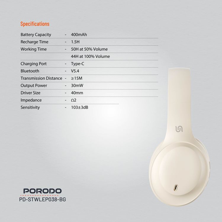 Porodo Soundtec Wireless Headphones with 400mAh Battery Capacity, 1.5 Hours Recharge Time, Up to 50 Hours Working Time, Type C Charging Port, Bluetooth V5.4 - Beige