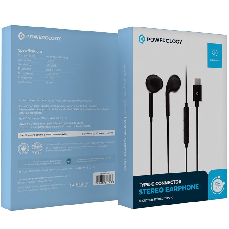 سماعات Powerology ستيريو مع موصل USB-C، طول الكابل 1.2م، قدرة إخراج 3 ميلي واط، جودة صوت عالية الدقة، مقاومة 32Ω - لون أسود