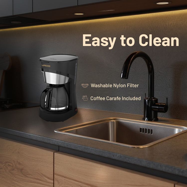 LePresso Drip Coffee Maker with Glass Carafe, 1.5L Water Tank Capacity, 900W Rated Power, 15 Cups Coffee Carafe Capacity, Washable Nylon Filter, Keep Warm Function - Black