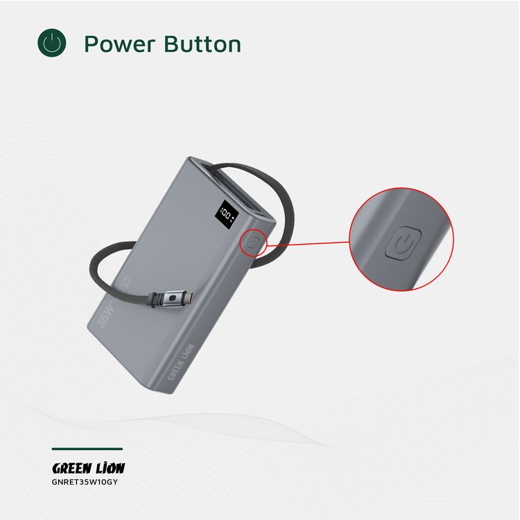 باور بانك جرين ليون بقوة 10000mAh قابل للسحب مع توصيل طاقة 35 واط، شاشة LED، طول كابل 75 سم، منفذ Type-C، دعم للشحن السريع - رمادي