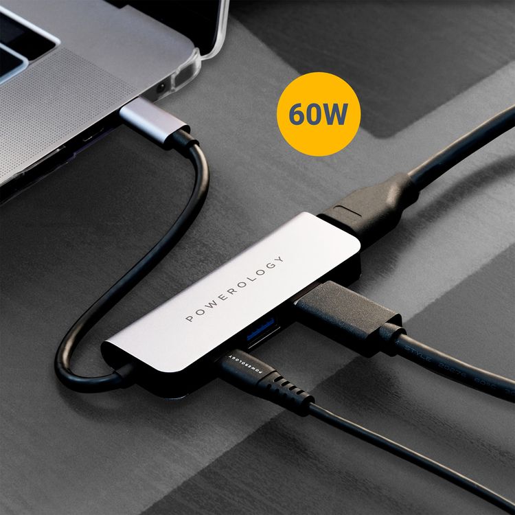 Powerology 4-in-1 USB-C Hub with HDMI & USB 3.0, 60W Power Delivery, Fast Charge & Data Transfer, 4K HDMI, 5Gbps Data Transmission, Aluminum Shell - Gray