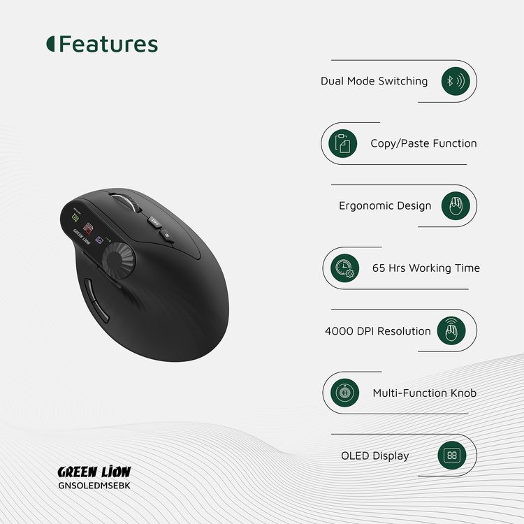 Green Lion Smart OLED Vertical Mouse with Ergonomic Design, Multi-Function Knob, 65 Hours Working Time, Dual Mode Switching - Black