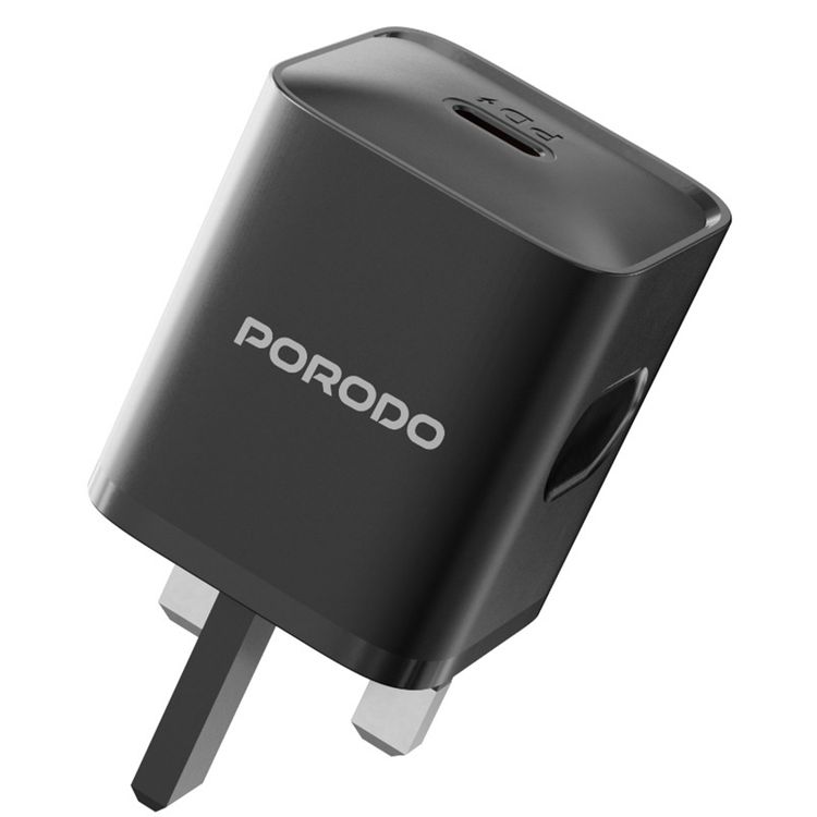 شاحن حائط Porodo USB-C Power Delivery مع كابل USB-C إلى USB-C، بطول 1.2 متر، PD 20W، قابس المملكة المتحدة، حماية من الحرارة الزائدة، رفيق موثوق، شحن متزامن - أسود
