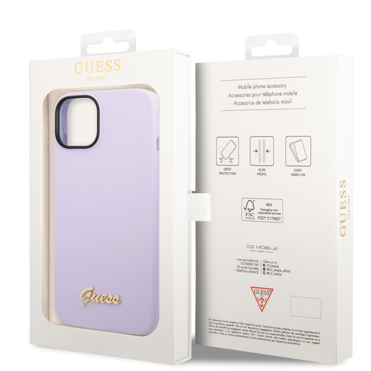 Guess Liquid Silicone Case With PC Camera Outline & Script Metal Logo - iPhone 14 Plus - Purple