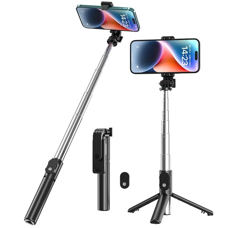 عصا سيلفي ثلاثية القوائم من Green Lion بتصميم مانع للانزلاق، دوران 360°، حامل ثلاثي قابل للطي، سيلفي بلمسة واحدة، سعة بطارية 70 مللي أمبير - أسود
