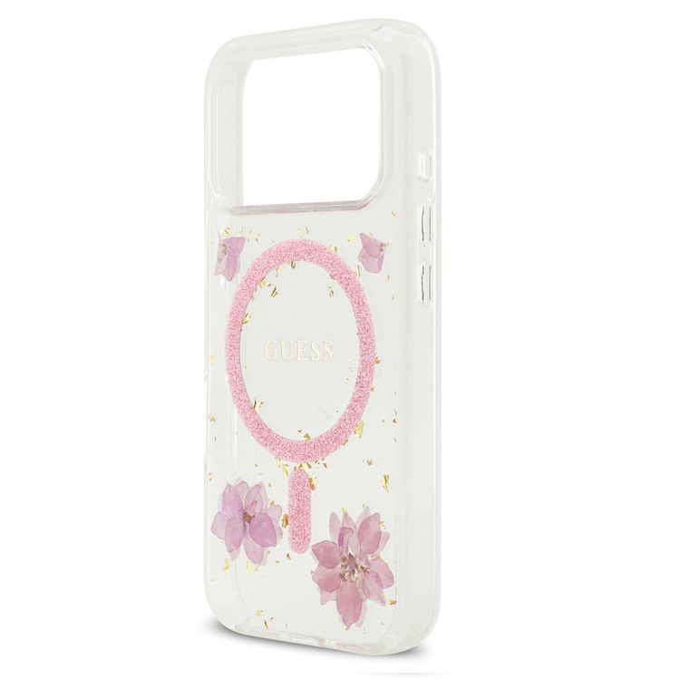 غطاء MagSafe من الراتنج بنقشة الزهور واللمعان لجهاز iPhone 17 Pro Max، ذو تصميم رفيع، حماية من السقوط، تثبيت سهل، تغليف مستدام، مسكة مريحة، تصميم خفيف الوزن - وردي