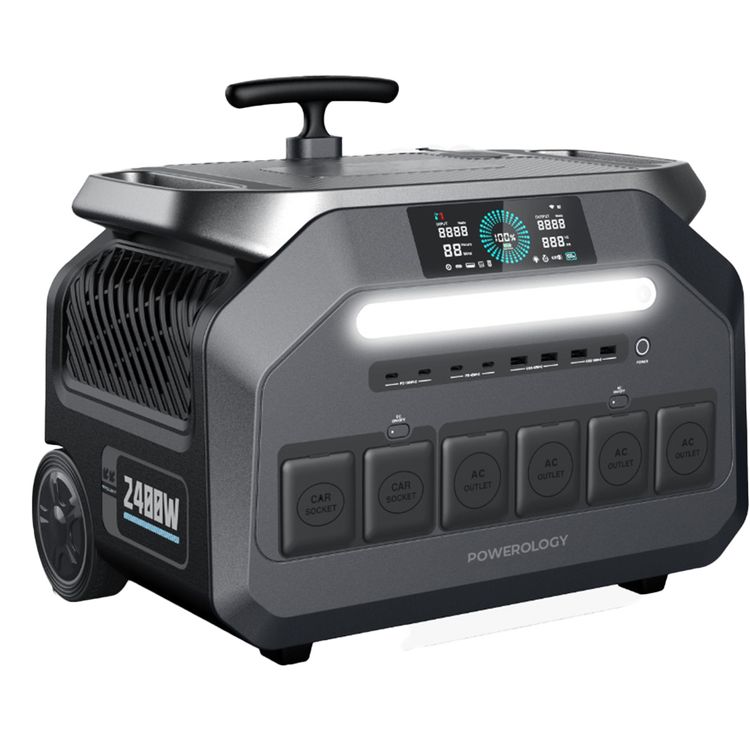 Powerology Solar Input Portable Generator 2400W, PD 100W, 600000mAh, 1.5h Charging Time, 3 DC Outputs, 4 AC Sockets, UK 3 Pin Plug - Black