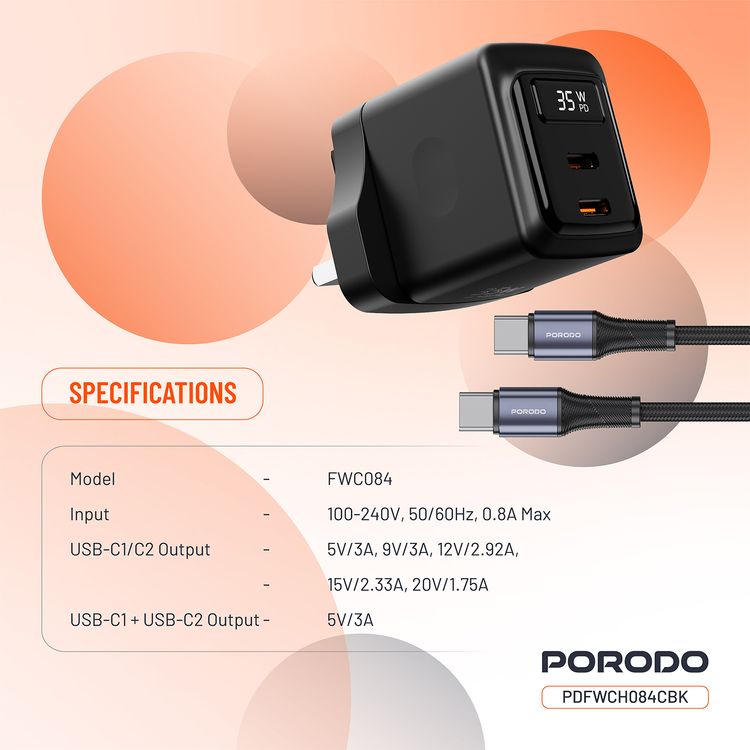 Porodo GaN Wall Charger with USB-C to USB-C Cable, Dual USB-C Ports, 35W Power Delivery, Built-in Safeguards, Fast Charge Support, Multiple Device Charging, Digital Display - Black