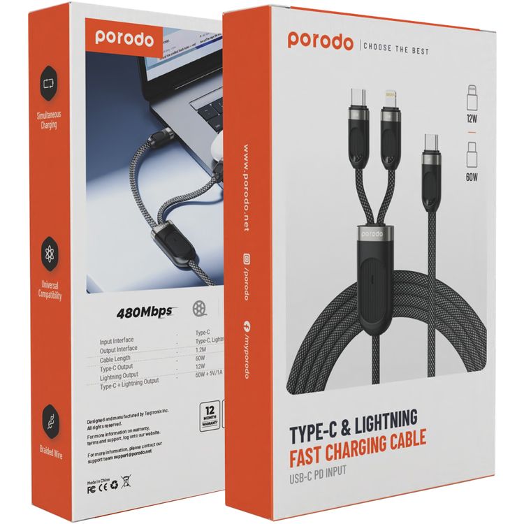 كابل الشحن السريع من Porodo بنوع Type-C وLightning مع واجهة إدخال Type-C، يدعم الشحن المتزامن، متوافق عالميًا، قوة خرج Lightning تصل إلى 12 واط، مصنوع من مادة خارجية مضفرة - لون أسود.